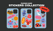 Cartoon groovy retro stickers for your phone case in 90s style. Trendy bright hippie stickers, funny characters, animals, patches, labels, tags, stamps. Vector set of acid shapes