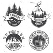 Set of camping related typographic quote for sticker, badges, patches . Vector illustration. Concept for shirt or logo, print, stamp or tee. Vintage typography design with forest, mountains and starry