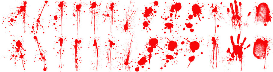 Poster - Assorted Red Paint Realistic Blood Splatters, and Handprints Collection. Vibrant set of red paint splatters and handprints, ink drips perfect for bold backgrounds and graphic elements. Vector