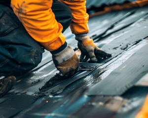 close-up of a worker's half-body patching a roof, detailing the patch material and his protective ge