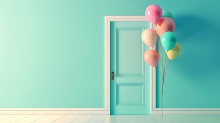 Wall Mural - pastel balloons by an open door in a blue room, simple and elegant decor style. a celebration concep