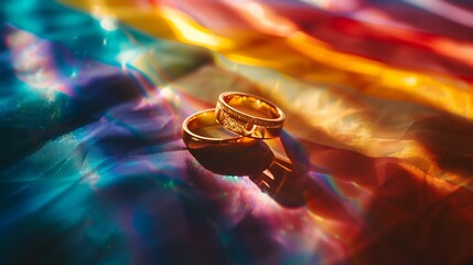 Wall Mural - wedding rings on vibrant background adorned with the colors of the LGBT pride flag, symbolizing love, unity, and inclusivity