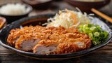 Fototapeta  - Top view of tasty Japanese food deep fried pork cutlet on dark plate. AI generated image