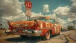 Iconic Route 66 Journey: Vintage Car and Road Signs, generative ai