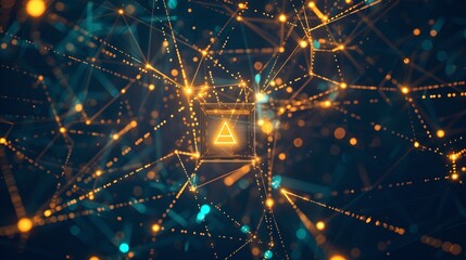 Aufkleber - Abstract Digital Network with Glowing Nodes and Warning Icon. Perfect for Technology Backgrounds. Visualizing Cyber Security. AI