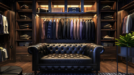 Wall Mural - Luxury store of men clothing with black sofa, male wardrobe interior