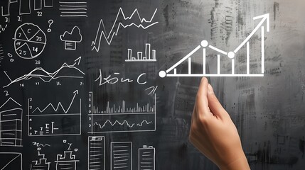 Poster - Business growth concept with a hand pointing at upward graphs on a blackboard. Corporate success visualization. Simple educational style. Business strategy and analytics representation. AI
