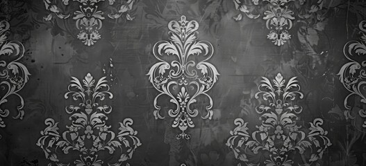 Dark grey damask pattern background with grunge texture, vintage gothic design for wallpaper or cover background. Elegant floral ornament in gothic style for design, packaging paper or fabric print.