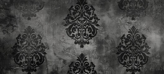 Dark grey damask pattern background with grunge texture, vintage gothic design for wallpaper or cover background. Elegant floral ornament in gothic style for design, packaging paper or fabric print.