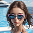 Beautiful and attractive young woman with sunglasses and bikini at the beach. Close up portrait. Big yacht in the background.