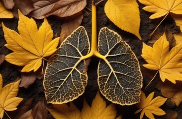 Brown autumn leaves isolated on white background,A health concept of unhealthy human lungs