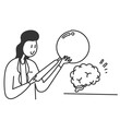 hand drawn doodle female doctor is examining human brain using a magnifying glass