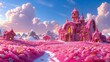 A pink fantasy castle with pink flowers and a pink sky