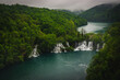 Lakes and waterfalls in the misty forest, Plitvice lakes, Croatia