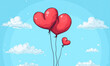 Two love heart balloons floating in blue sky background, romantic Valentine's Day celebration concept