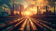 Sunset over Industrial Landscape, Pipelines Leading to Refineries. Warm Tones and Dynamic Sky. Energy and Fuel Concept. Perfect for Background Use. AI
