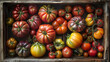 A wooden crate filled with heirloom tomatoes of various shapes and colors, a testament to the diversity of nature.