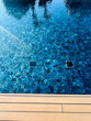swimming pool top view background with wood terrace