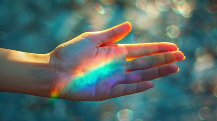 Wall Mural - A hand with a rainbow of light shining through it, AI