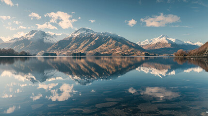 Wall Mural - Panoramic views of mountains and lakes with snow-capped peaks reflecting calm waters under soft morning light