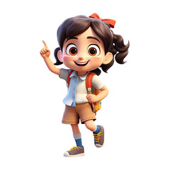 3D happy cartoon girl on transparent background.