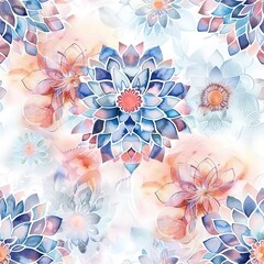 Wall Mural - Ethereal watercolor seamless pattern of delicate mandalas, soft color palette, ideal for wedding invitations. Seamless Pattern, Fabric Pattern, Tumbler Wrap, Mug Wrap.