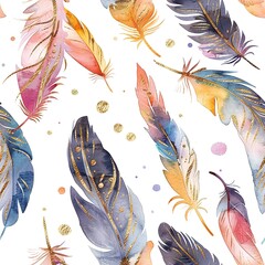 Canvas Print - Luxurious watercolor boho feathers, seamlessly patterned with gold accents, perfect for elegant gift wrapping. Seamless Pattern, Fabric Pattern, Tumbler Wrap, Mug Wrap.