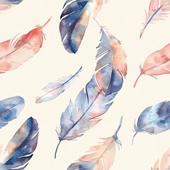 Canvas Print - Soft and serene watercolor feathers in a boho seamless pattern, subtle color palette, ideal for spa and wellness products. Seamless Pattern, Fabric Pattern, Tumbler Wrap, Mug Wrap.