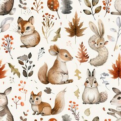 Wall Mural - Bohemian seamless pattern in watercolor, featuring whimsical animals and foliage in soft, earthy tones.Seamless Pattern, Fabric Pattern, Tumbler Wrap, Mug Wrap.