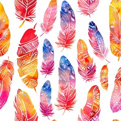 Poster - Seamless boho pattern with watercolor painted feathers and tribal motifs in vibrant hues, for textile design. Seamless Pattern, Fabric Pattern, Tumbler Wrap, Mug Wrap.