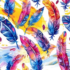 Wall Mural - Seamless boho pattern with watercolor painted feathers and tribal motifs in vibrant hues, for textile design. Seamless Pattern, Fabric Pattern, Tumbler Wrap, Mug Wrap.