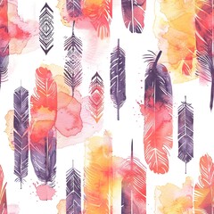 Wall Mural - Seamless pattern of watercolor textures with boho feathers and arrows, set against a backdrop of sunset hues. Seamless Pattern, Fabric Pattern, Tumbler Wrap, Mug Wrap.