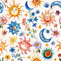 Wall Mural - Bohemian seamless pattern, featuring watercolor suns and moons amidst floral wreaths in vibrant colors. -Seamless Pattern, Fabric Pattern, Tumbler Wrap, Mug Wrap.