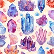 Seamless pattern featuring watercolor painted boho crystals and gemstones, set against a dreamy background. Seamless Pattern, Fabric Pattern, Tumbler Wrap, Mug Wrap.