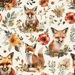 Poster - Seamless pattern of boho animals in watercolor, featuring whimsical foxes and deer among floral arrangements.Seamless Pattern, Fabric Pattern, Tumbler Wrap, Mug Wrap.