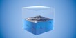 Part of ocean or sea water with waves cut out in cube over blue background, nature, ecology or environment protection concept