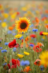 Sticker - A vast field of cornflowers, poppies and bluebells with one sunflower in the middle, summer photography. 