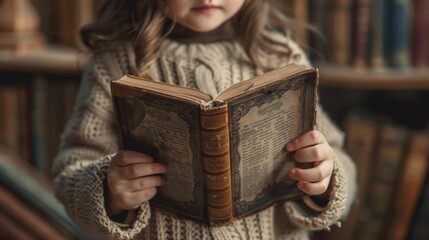 Poster - A young girl holding a book in front of her face, AI