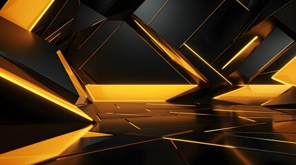 Wall Mural - 3d rendering of yellow and black abstract geometric background. Scene for advertising, technology, showcase, banner, game, sport, cosmetic, business, metaverse. Sci-Fi Illustration. Product display