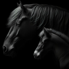 Wall Mural - Black background Rim light a Horse mother and her baby in profile photography, with the light shining on its fur