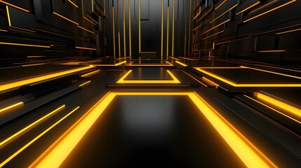 3d rendering of yellow and black abstract geometric background. Scene for advertising, technology, showcase, banner, game, sport, cosmetic, business, metaverse. Sci-Fi Illustration. Product display