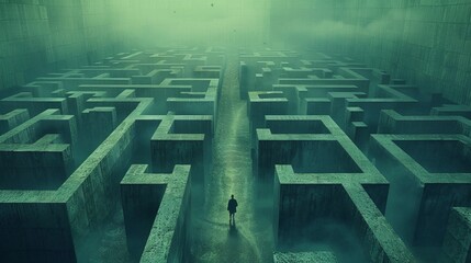 A man is walking through a maze in the fog, AI