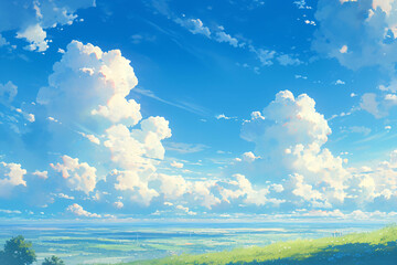 Wall Mural - Blue sky, white clouds and green lawn in spring and summer