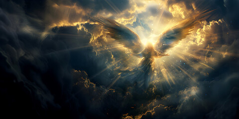 Wall Mural - Angel mythology, abstract oil painting of a beautiful, mighty flying angel spreading arms and wings. Dramatic mythology vibe background, clouds and sunrays, representing good and evil.