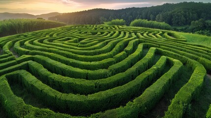 Wall Mural - A large maze of hedges in the middle of a field, AI