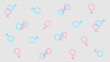 Gender symbols background. Blue male symbols and pink female symbols on a light gray background