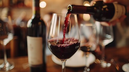 A person pouring wine into a glass on top of some bottles, AI