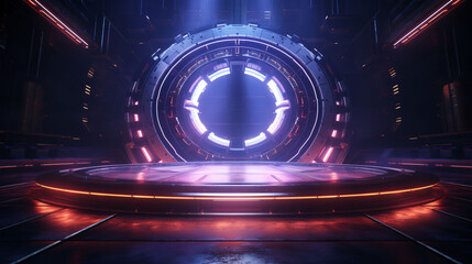 Canvas Print - Abstract neon matrix technological stage, cyberpunk future 3D concept illustration