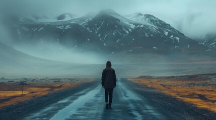 A person walking down a road in front of mountains, AI