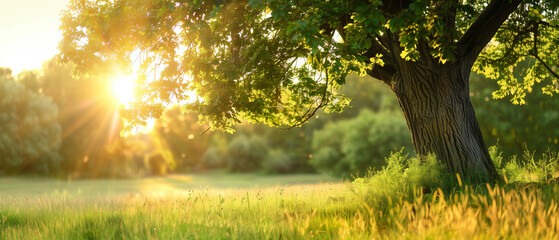 Poster - Golden sunset through the leaves of an ancient oak tree in a serene meadow. Generative AI